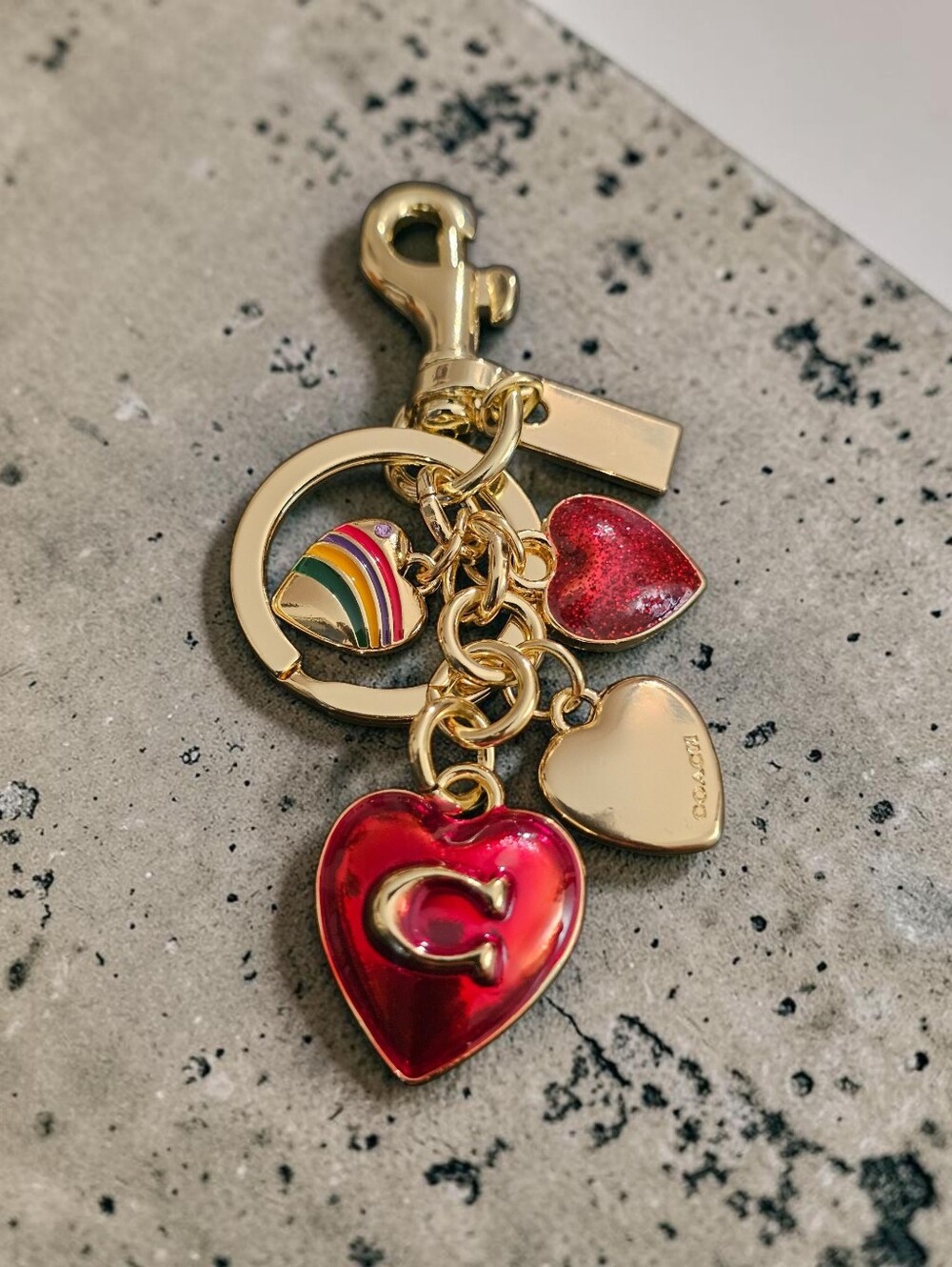 Coach Nwot Gold-Tone Red Heart Charm Keychain with Rainbow Accent